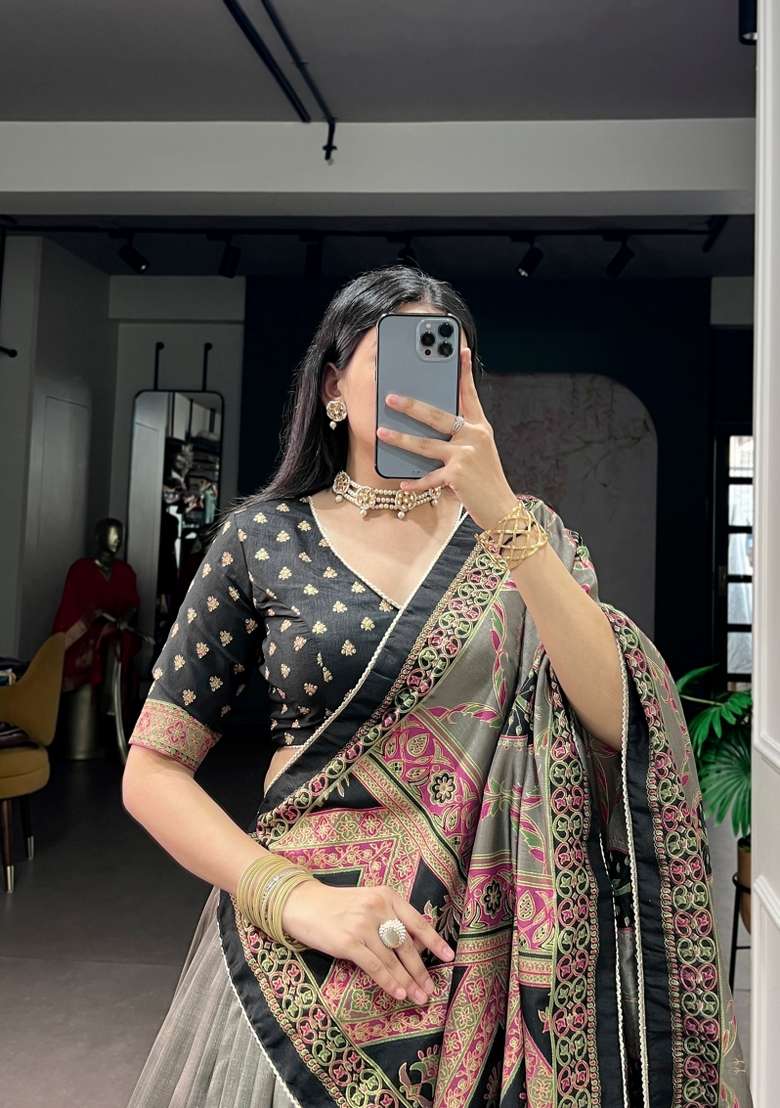 Black Silk Lehenga Set with Printed for Diwali | Wedding & Festive Wear - Indya