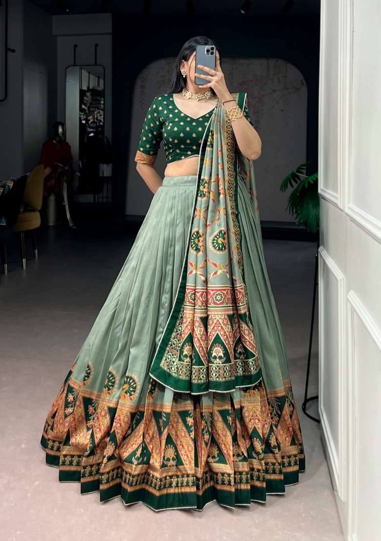 Green Printed Silk Lehenga Set for Diwali and Festive Wear - Indya