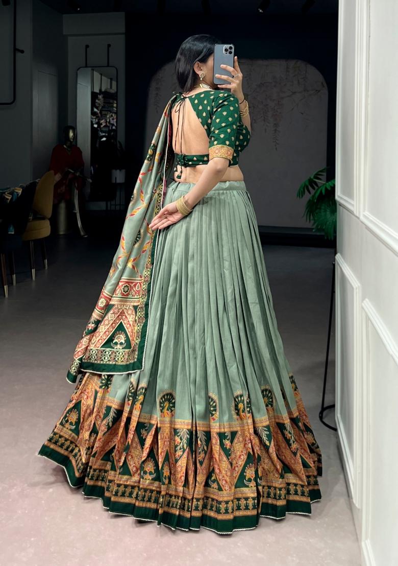 Green Printed Silk Lehenga Set - Indya