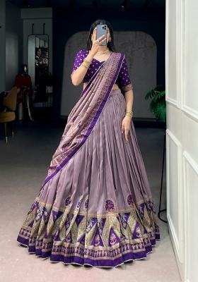 Purple Printed Silk Lehenga Set