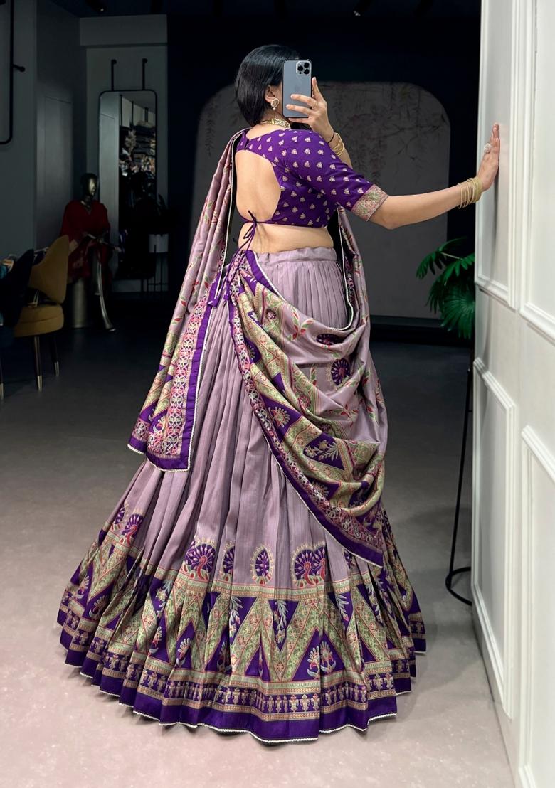 Purple Printed Silk Lehenga Set - Indya