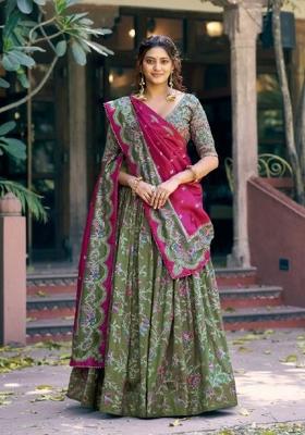 Green Printed Silk Lehenga Set