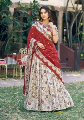 Off White Printed Silk Lehenga Set
