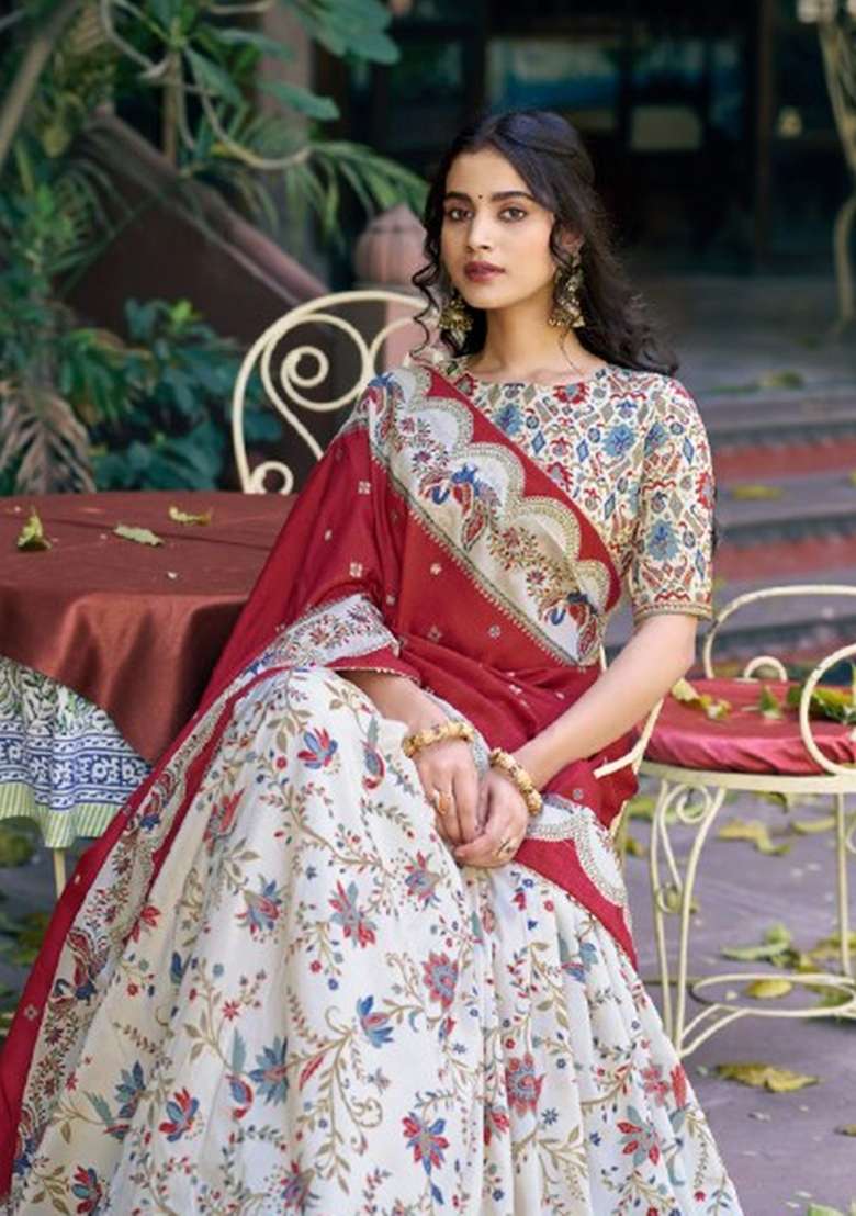 Off White Printed Silk Lehenga Set - Indya