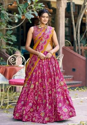 Pink Printed Silk Lehenga Set