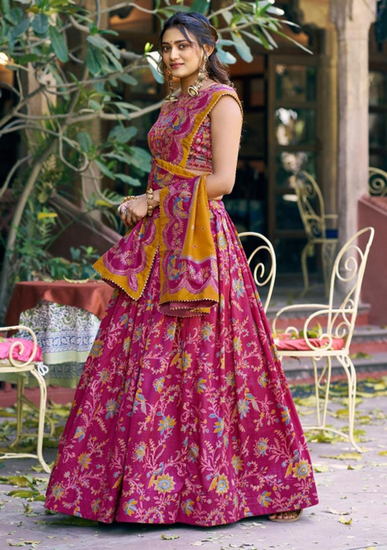 Pink Printed Silk Lehenga Set - Indya
