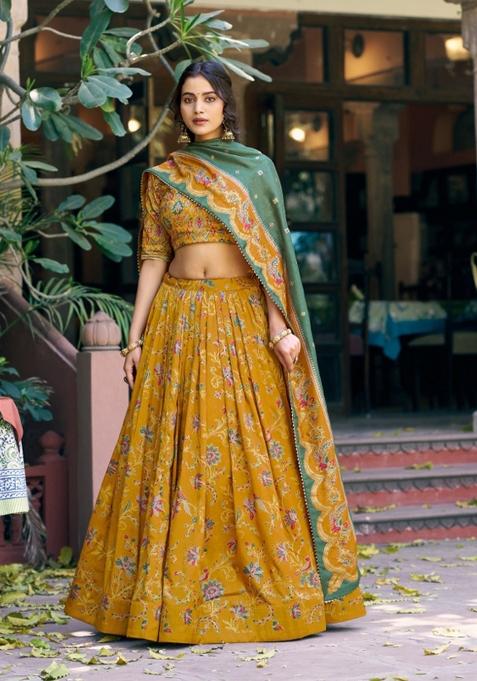 Mustard Printed Silk Lehenga Set