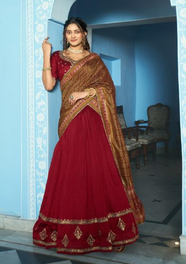 Maroon Embroidered Silk Lehenga Set - Indya