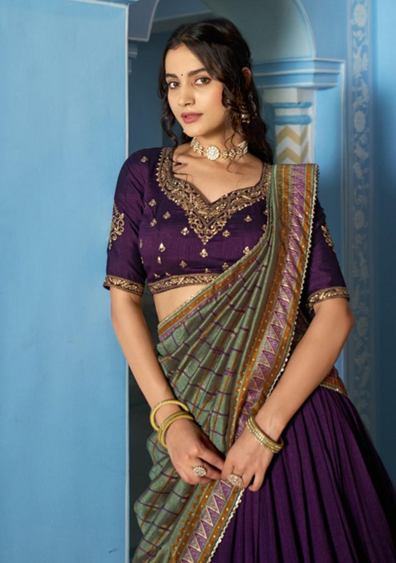 Purple Embroidered Silk Lehenga Set - Indya