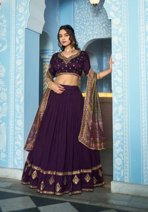 Purple Embroidered Silk Lehenga Set