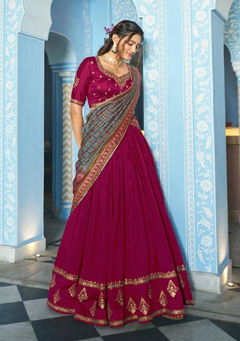 Pink Embroidered Silk Lehenga Set - Indya
