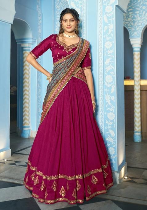 Pink Embroidered Silk Lehenga Set