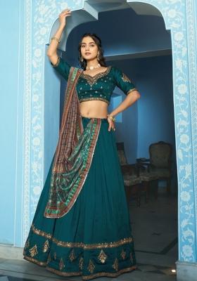 Teal Embroidered Silk Lehenga Set
