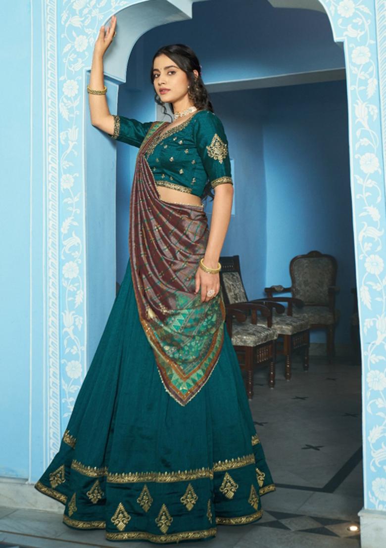 Teal Embroidered Silk Lehenga Set - Indya