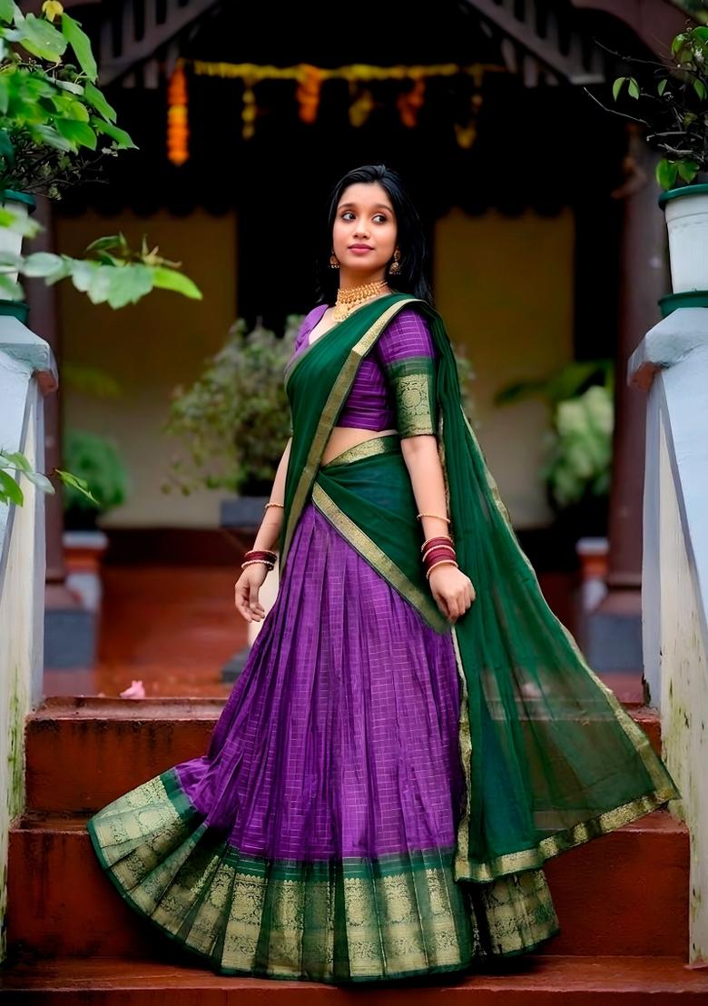 Purple Zari Work Dola Chex Lehenga Set - Indya