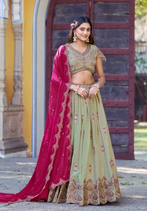 Pista Zari Work Georgette Lehenga Set