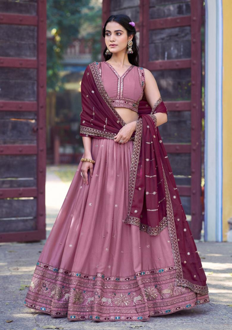 Pink Zari Work Georgette Lehenga Set - Indya