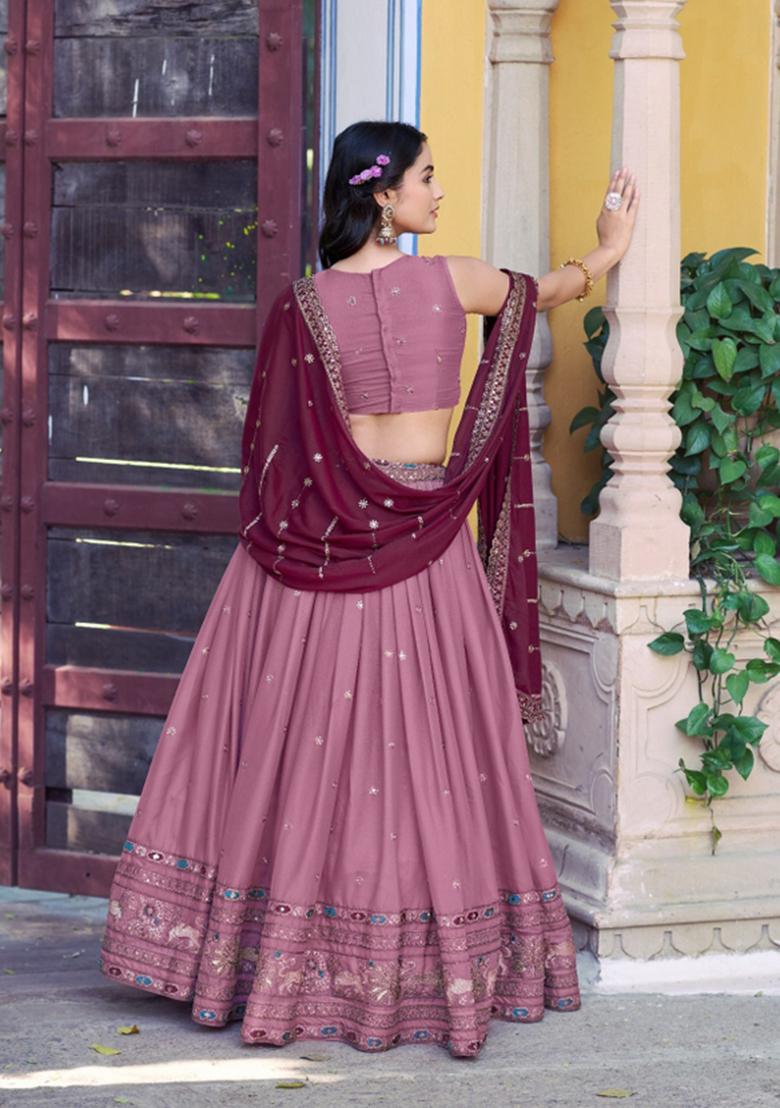 Pink Zari Work Georgette Lehenga Set - Indya