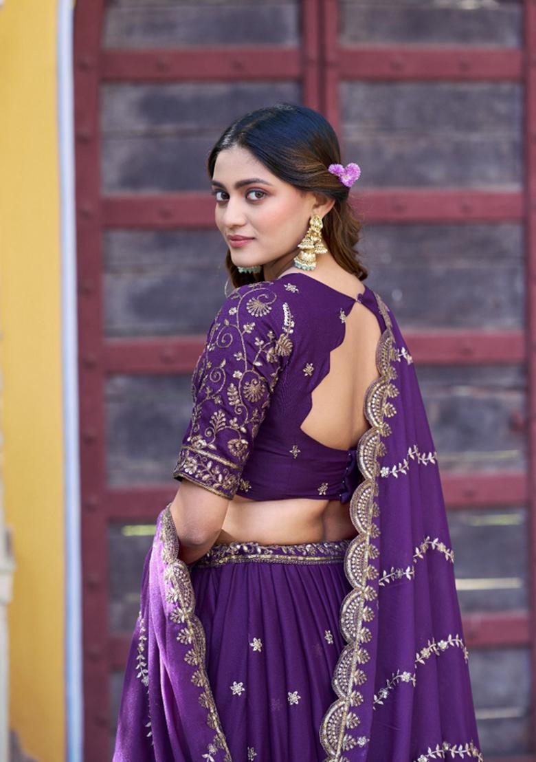 Purple Zari Work Georgette Lehenga Set - Indya