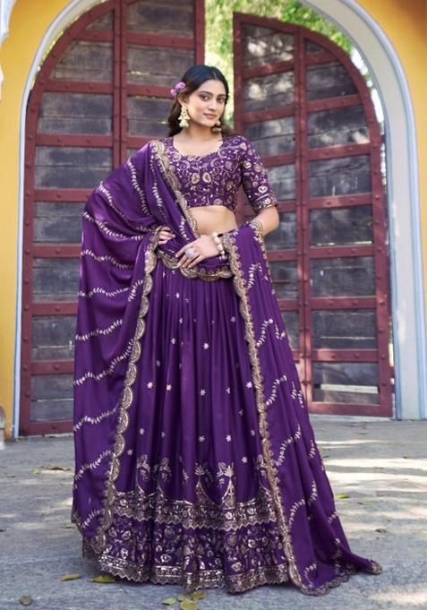 Purple Zari Work Georgette Lehenga Set