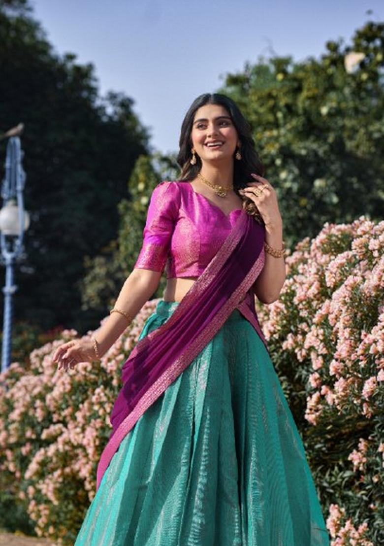 Blue Zari Work Kanchipuram Lehenga Set - Indya