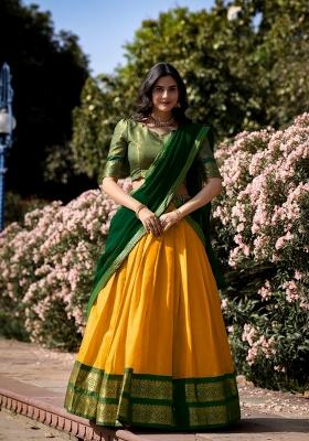 Yellow Zari Work Kanchipuram Lehenga Set