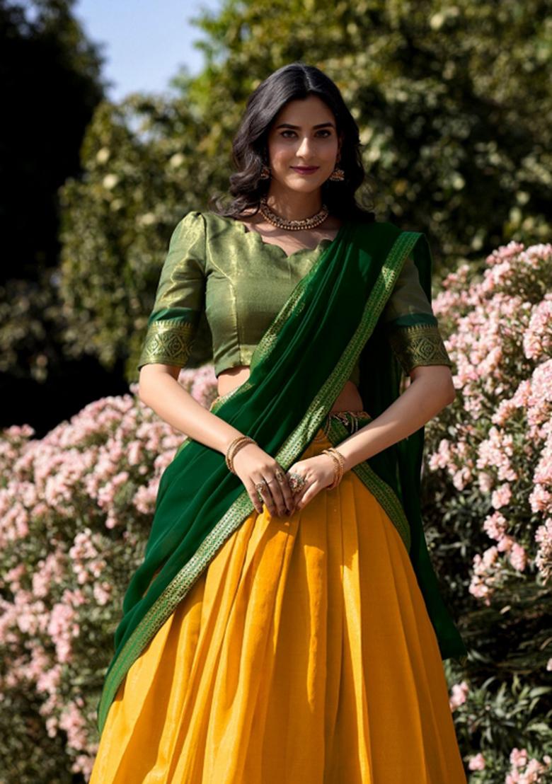 Yellow Zari Work Kanchipuram Lehenga Set - Indya