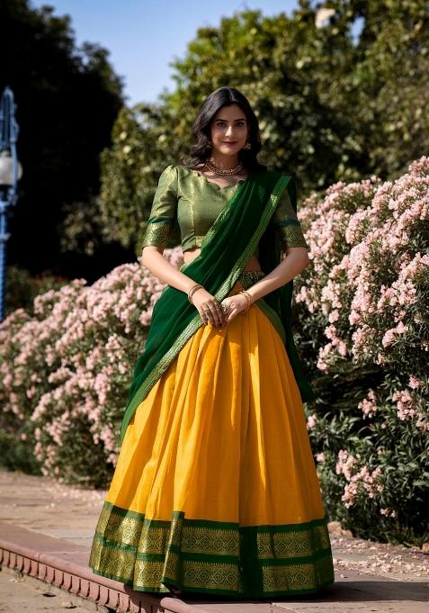 Yellow Zari Work Kanchipuram Lehenga Set