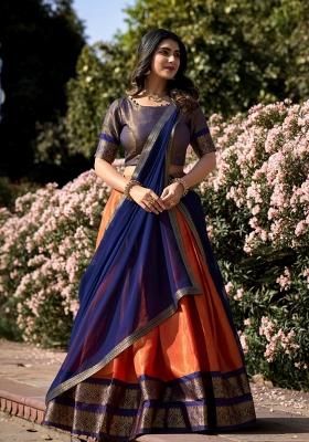 Orange Zari Work Kanchipuram Lehenga Set