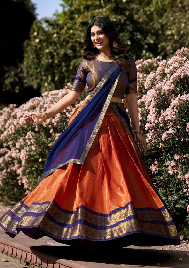 Orange Zari Work Kanchipuram Lehenga Set - Indya