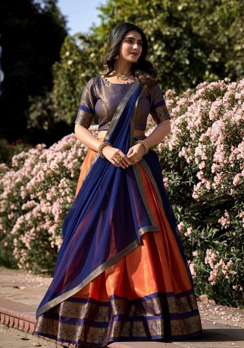 Orange Zari Work Kanchipuram Lehenga Set