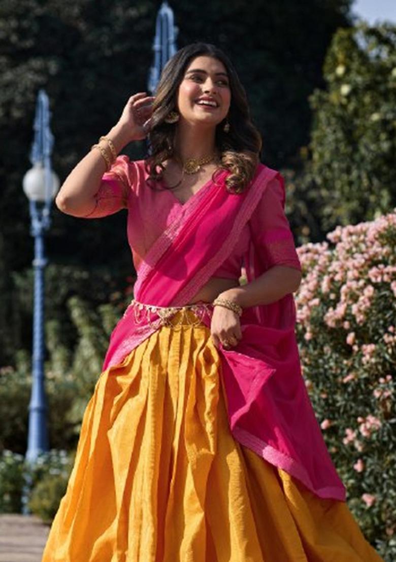 Mustard Zari Work Kanchipuram Lehenga Set - Indya