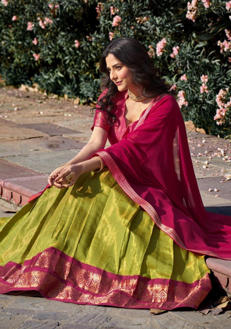 Pista Zari Work Kanchipuram Lehenga Set - Indya