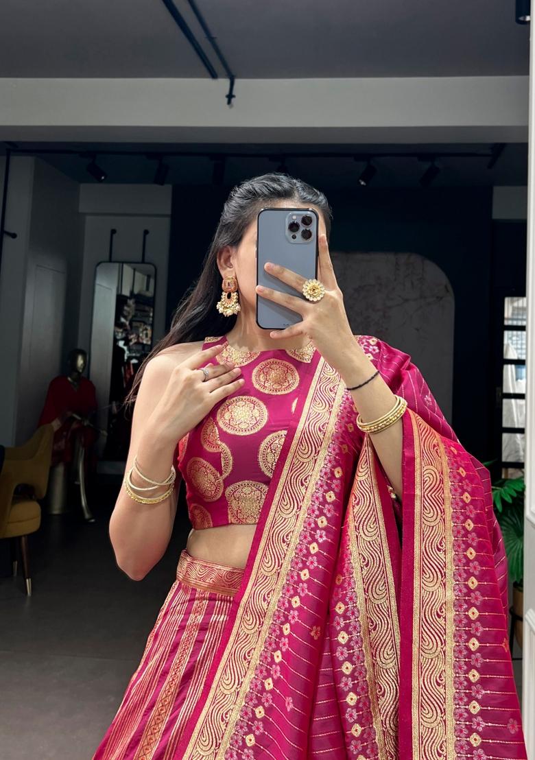 Pink Zari Work Silk Lehenga Set - Indya