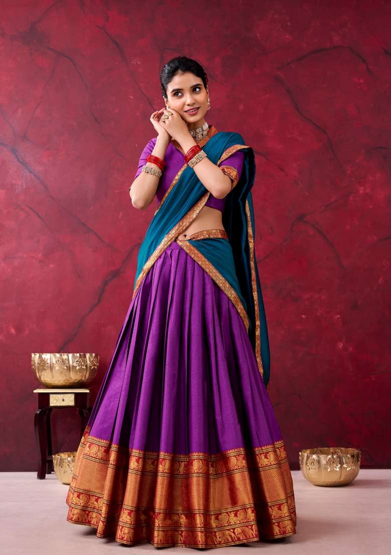 Purple Zari Work Cotton Lehenga Set for Diwali and Festive Wear - Indya