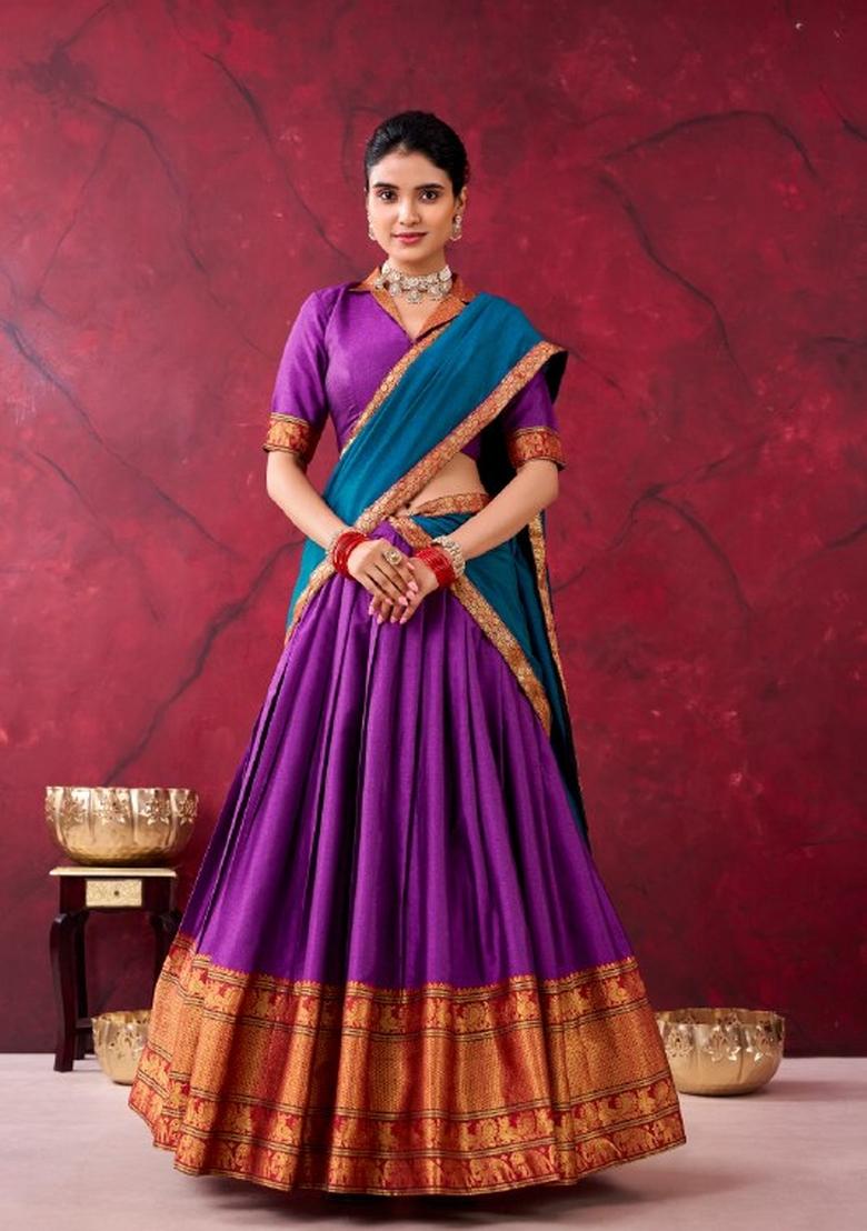 Purple Zari Work Cotton Lehenga Set - Indya