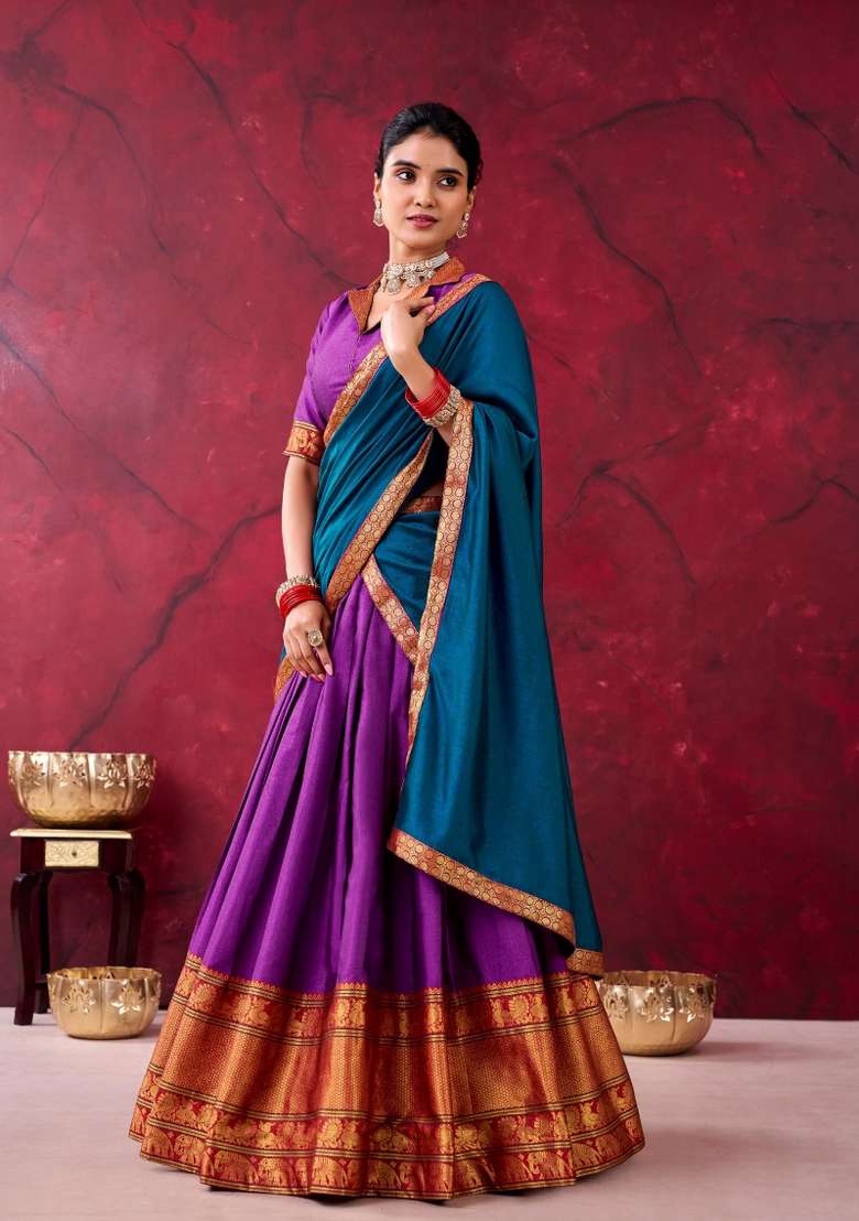 Purple Zari Work Cotton Lehenga Set for Diwali and Festive Wear - Indya