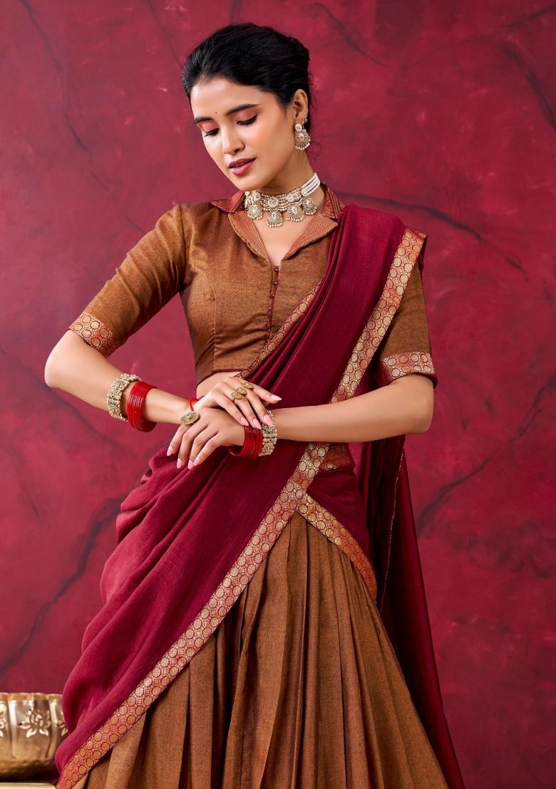 Mustard Zari Work Cotton Lehenga Set - Indya