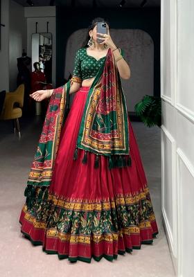 Red Printed Silk Lehenga Set