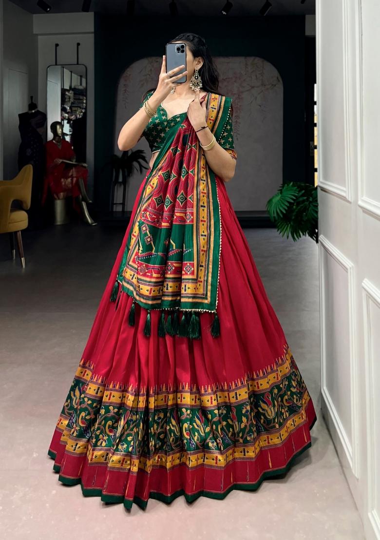 Red Printed Silk Lehenga Set - Indya