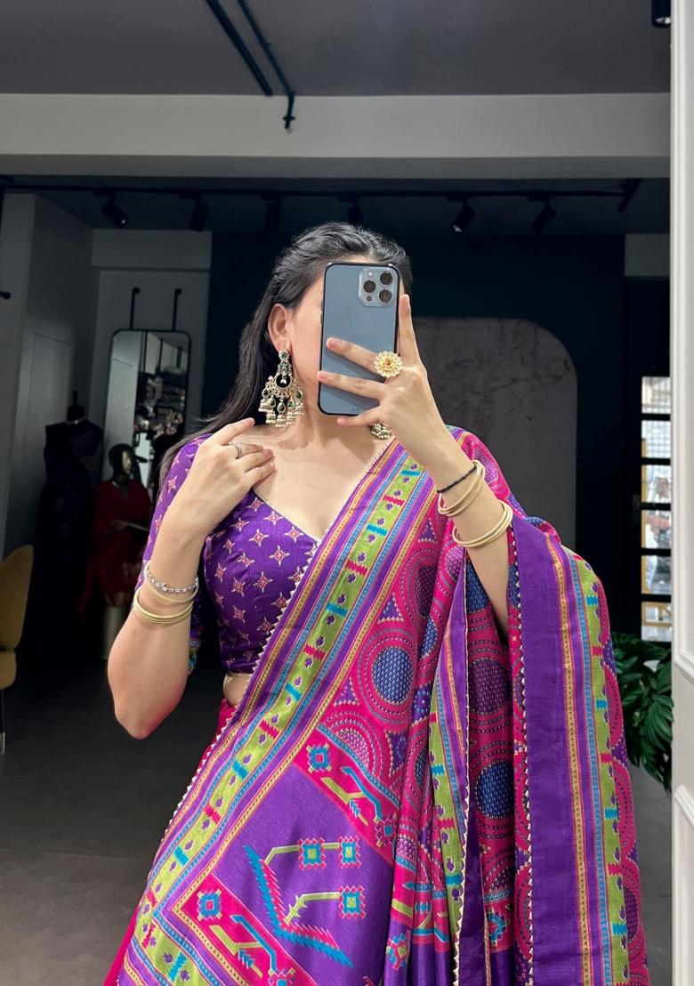 Pink Printed Silk Lehenga Set - Indya