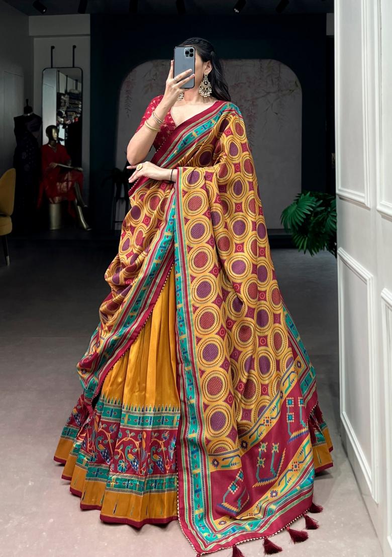 Mustard Printed Silk Lehenga Set - Indya