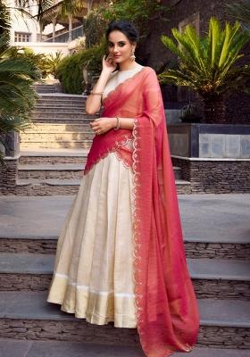Off White Zari Work Jacquard Lehenga Set