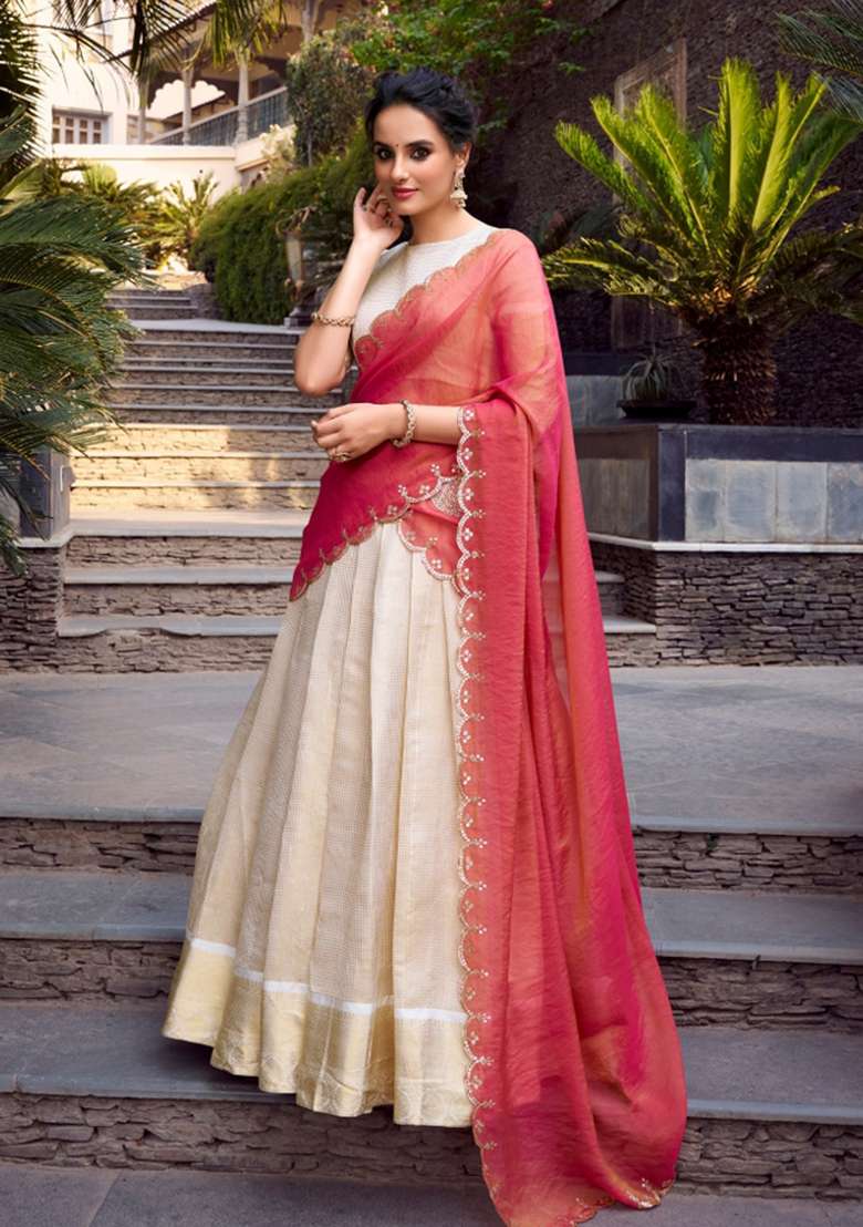 Off White Jacquard Lehenga Set with Zari Work for Diwali | Wedding & Festive Wear - Indya