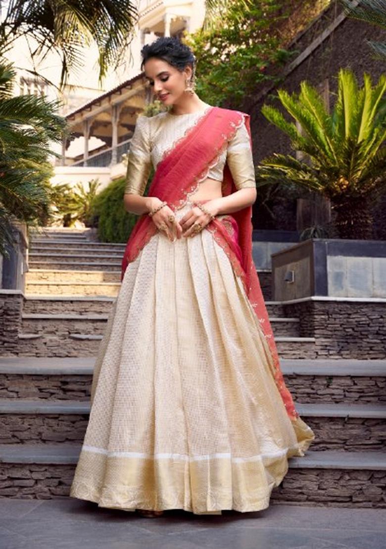 Off White Zari Work Jacquard Lehenga Set - Indya
