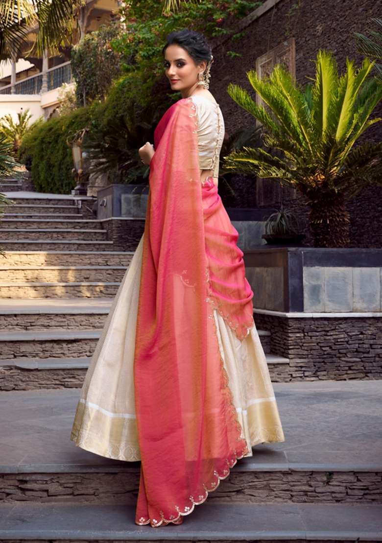 Off White Jacquard Lehenga Set with Zari Work for Diwali | Wedding & Festive Wear - Indya