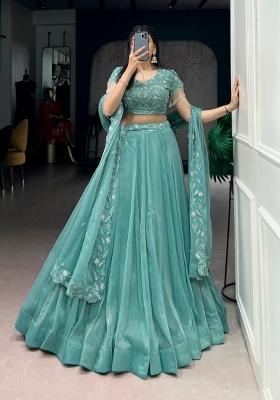 Blue Beads Work Gold Coin Lehenga Set