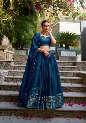 Blue Zari Work Chanderi&nbsp; Lehenga Set