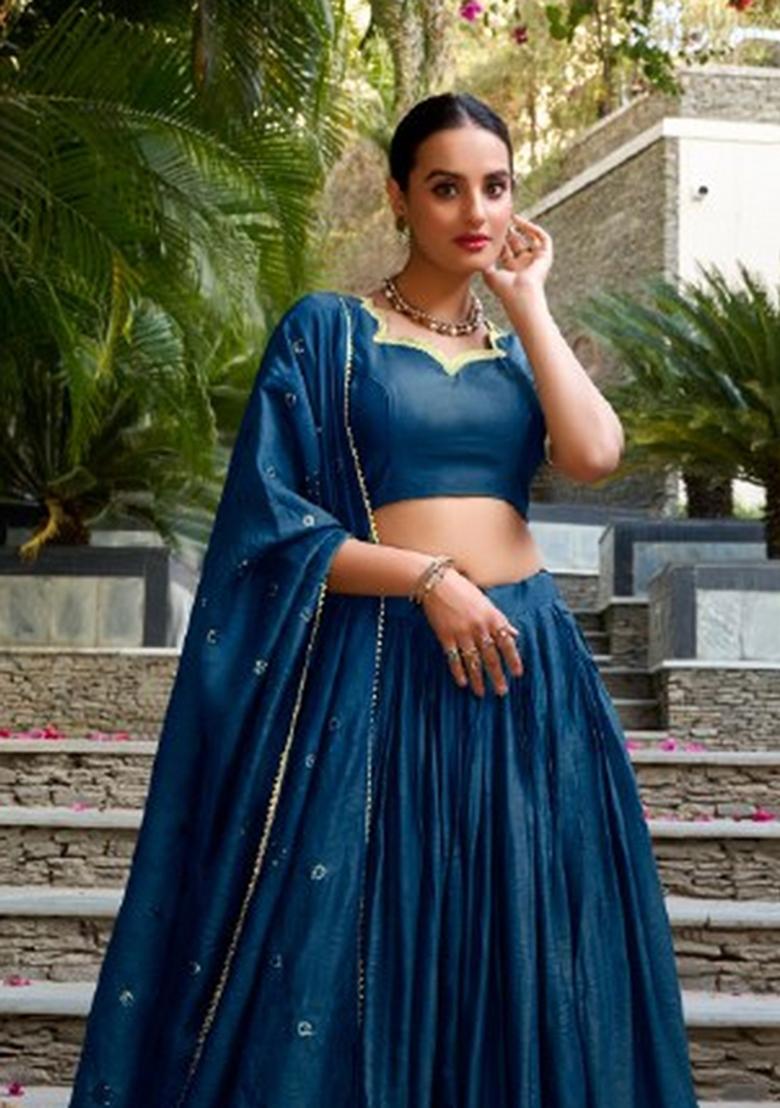 Blue Zari Work Chanderi&nbsp; Lehenga Set - Indya