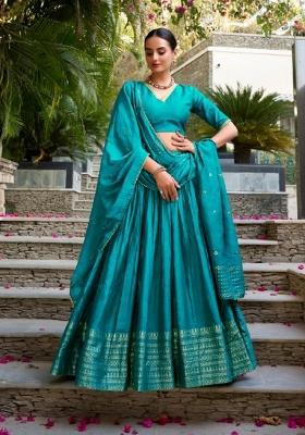 Blue Zari Work Chanderi&nbsp; Lehenga Set